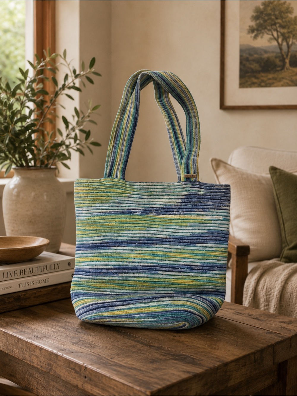 Eric Javits Striped Tote in Blue, Green and Yellow